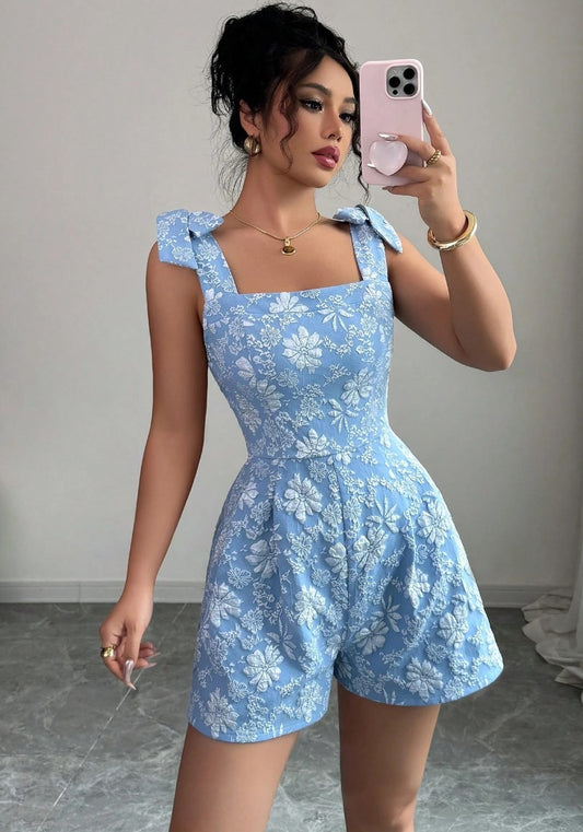 Macaquinho de Festa Floral em Jacquard elegante verão laços acinturado azul serenity 
