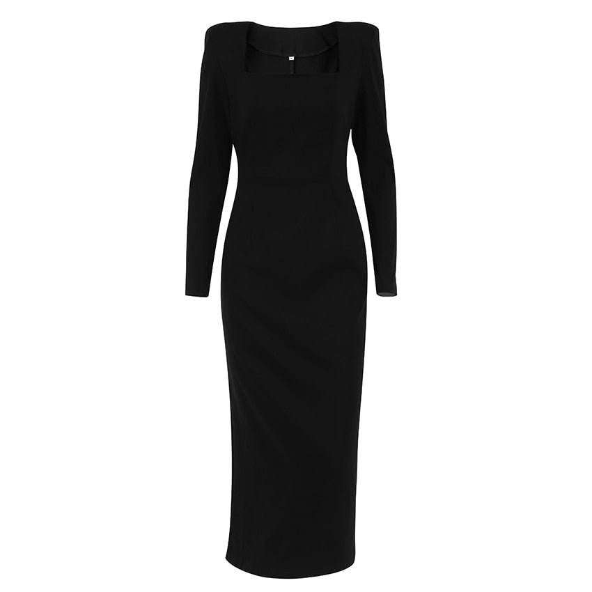 Vestido Tubinho Midi Gola Quadrada Manga Longa