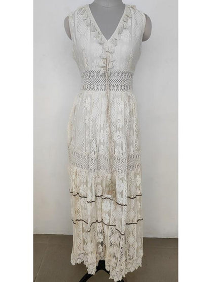 vestido longo de renda boho chic regata bege