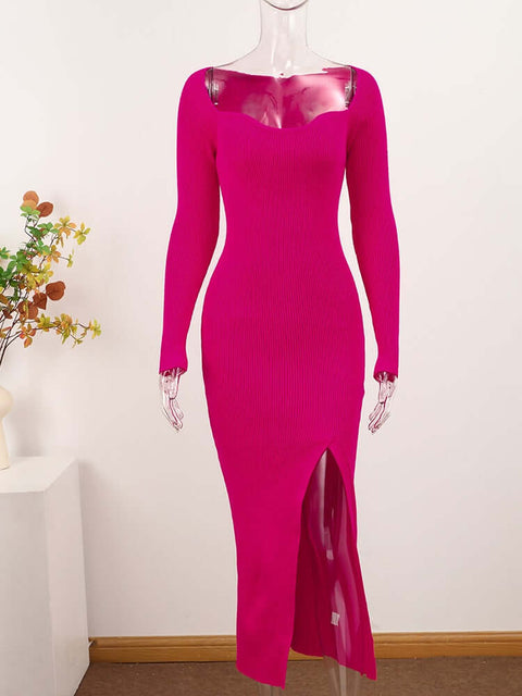elegante Vestido de festa Tubinho Midi Inverno Tricô Decotado Fenda rosa barbiecore