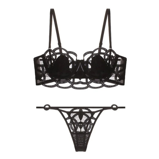 Conjunto Lingerie Transparente de Renda Geométrica preto sexy sensual erotico 