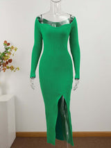 elegante Vestido de festa Tubinho Midi Inverno Tricô Decotado Fenda verde