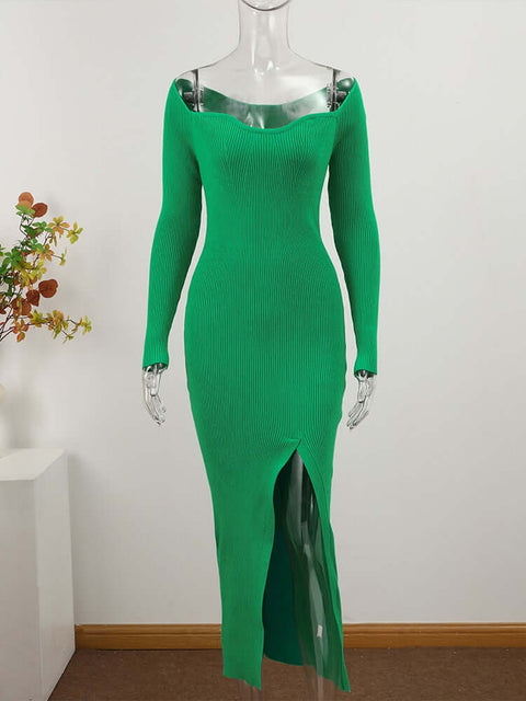 elegante Vestido de festa Tubinho Midi Inverno Tricô Decotado Fenda verde