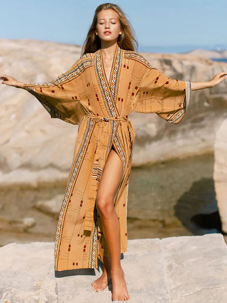 Kimono Longo Boho Estampado Oriental c/Faixa