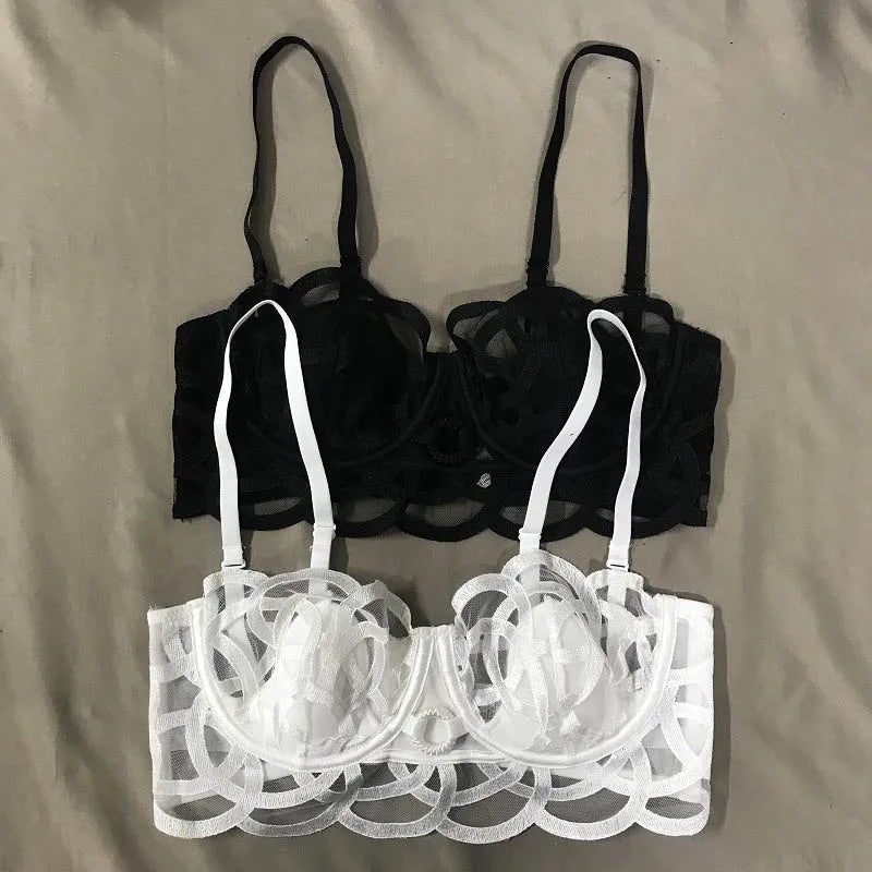 Conjunto Lingerie Transparente de Renda Geométrica + Cinta-Liga