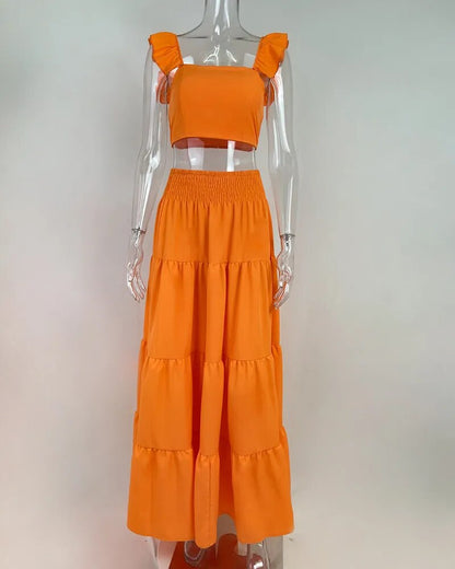 Conjunto Cropped com Saia Longa Estampado/ Liso