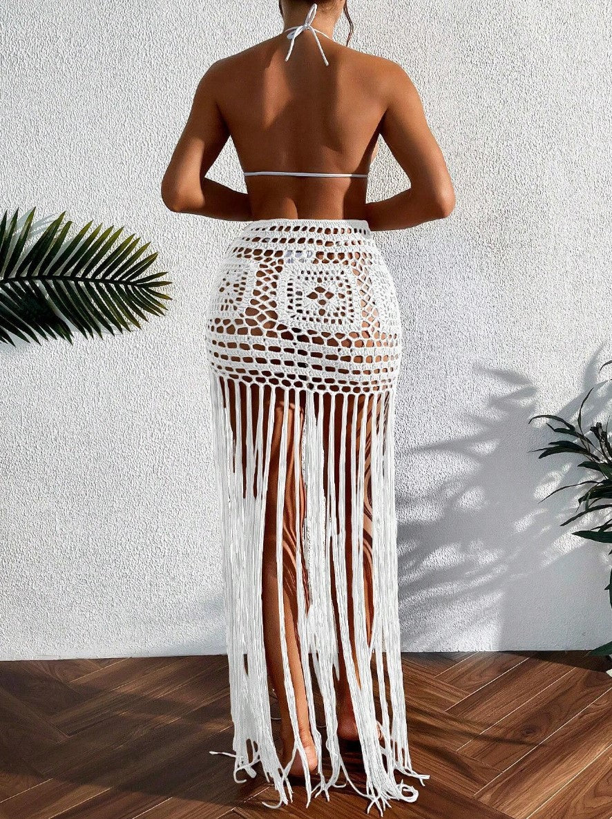 Saia de Praia de Crochê Franja | Saída de Praia longa branca transparente sexy