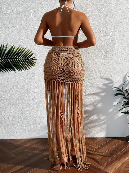 Saia de Praia de Crochê Franja | Saída de Praia longa sexy transparente marrom bege