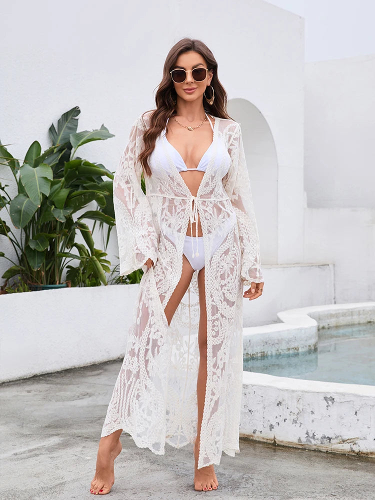 Saída de Praia Longa de Renda branca manga longa transparências elegante