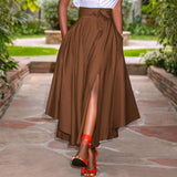 Saia Longa Rodada em Camadas com Fenda marrom look office