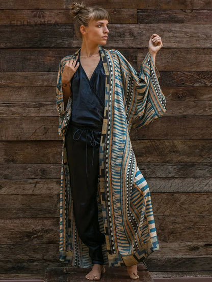 Kimono Longo Boho Estampado Oriental c/Faixa