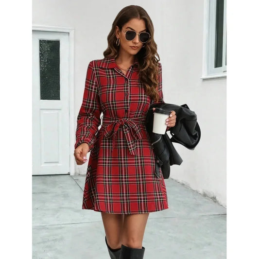 Vestido Xadrez Curto de Manga Longa Chemise
