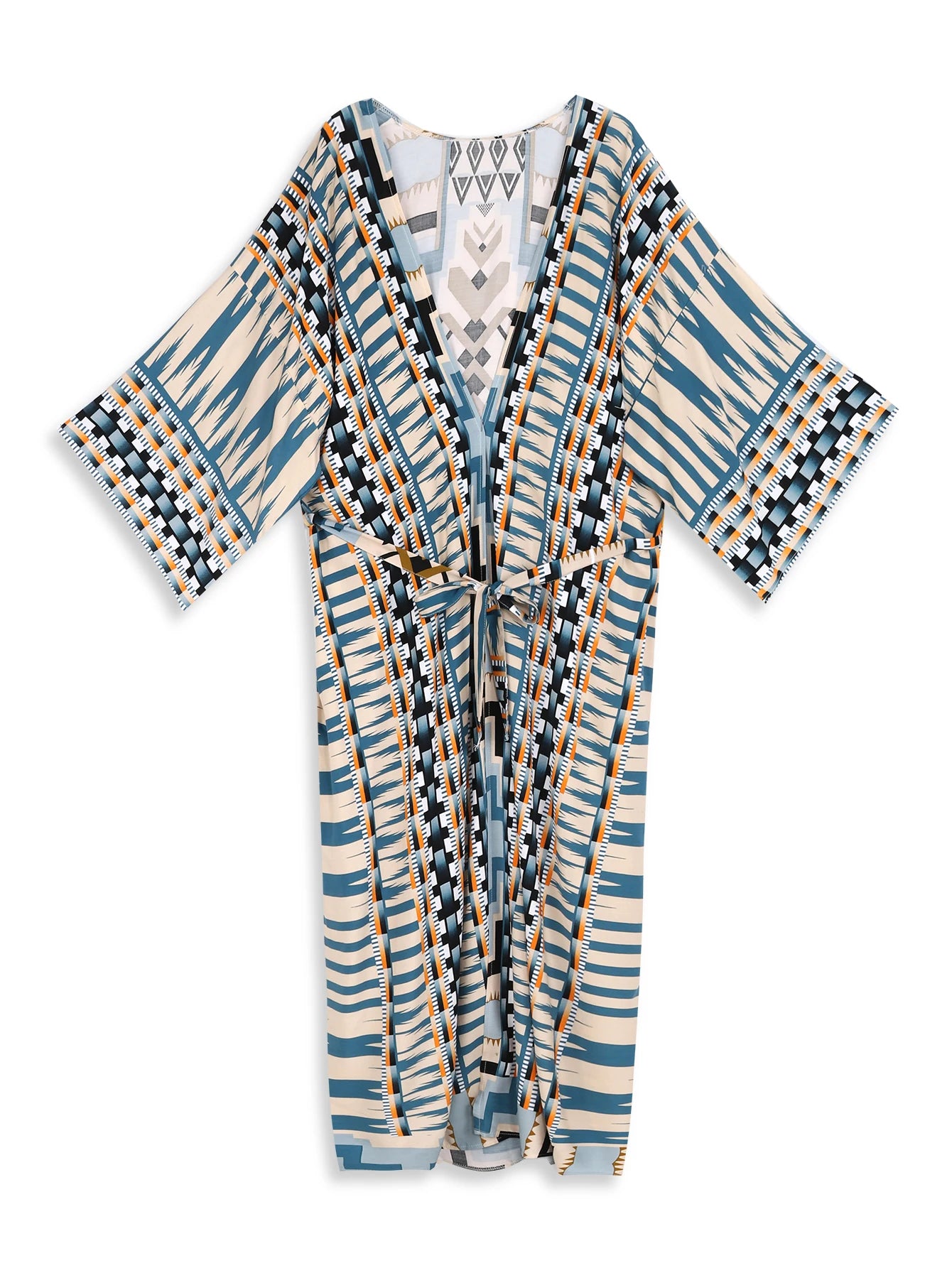 Kimono Longo Boho Estampado Oriental c/Faixa