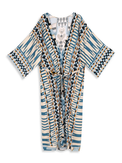 Kimono Longo Boho Estampado Oriental c/Faixa