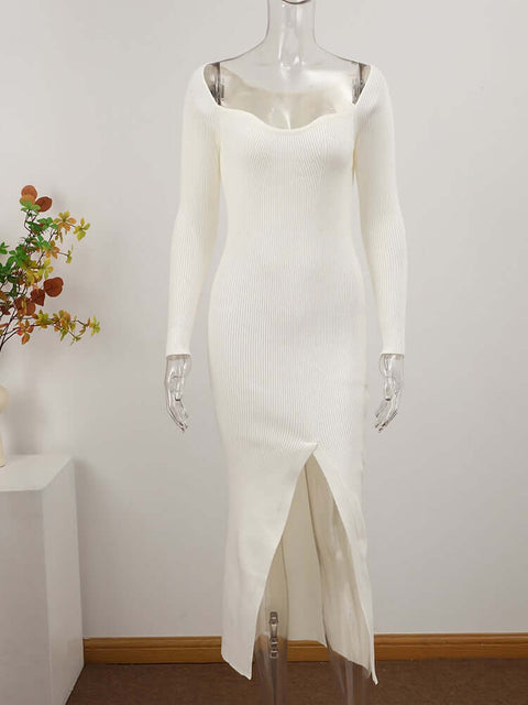 elegante Vestido de festa Tubinho Midi Inverno Tricô Decotado Fenda branco 