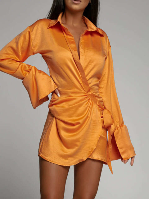 vestido de festa curto manga longa laranja decotado sexy