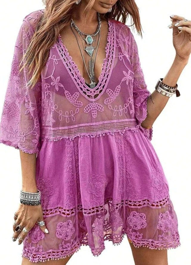 Bata-Vestido Boho c/ Renda Transparências Festival | Saída de Praia
