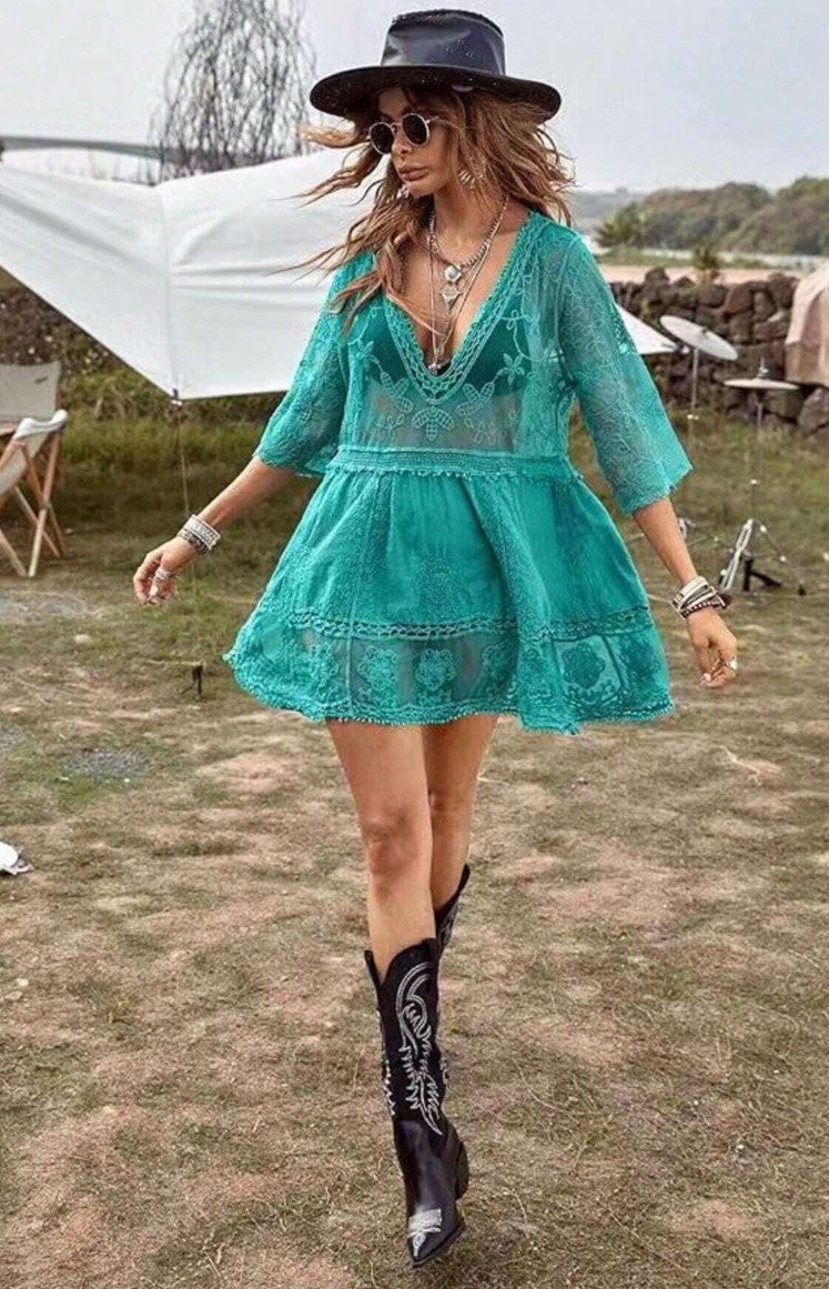 Bata-Vestido Boho c/ Renda Transparências Festival | Saída de Praia