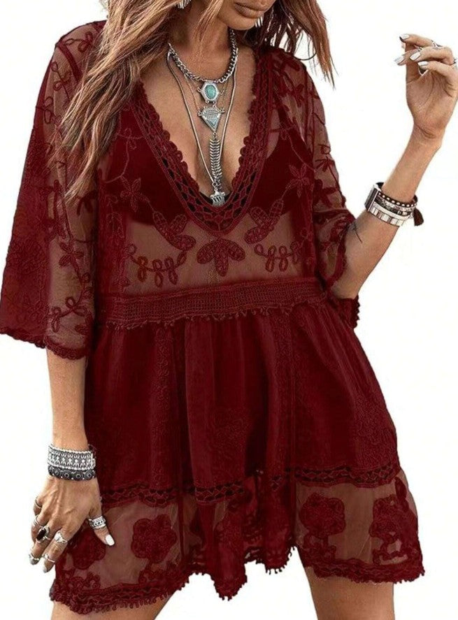 Bata-Vestido Boho c/ Renda Transparências Festival | Saída de Praia