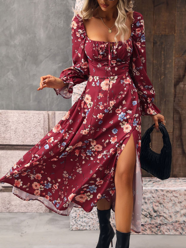 Vestido Midi Floral Manga Princesa Fenda Boho