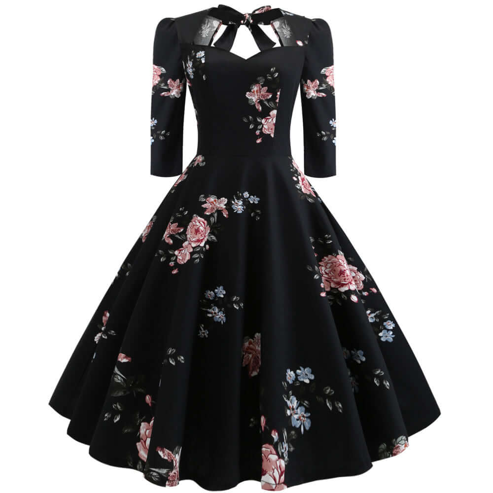 Vestido Midi Retrô Decote Coração de Manga audrey hepburn preto floral