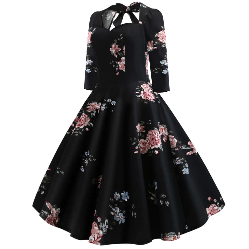 Vestido Midi Retrô Decote Coração de Manga audrey hepburn preto estampado