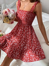 Vestido Curto Rodado Alice Estampa Floral Verao Alcinha Modelo Acinturado Vermelho