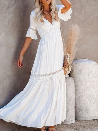 Vestido Longo Branco com Renda Decote V Praia