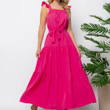 Vestido Longo Rodado Alça de Babados Faixa com Laço Pink