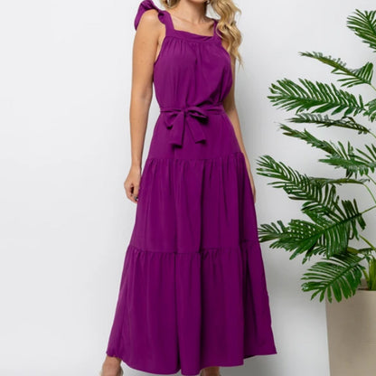 Vestido Longo Rodado Alça de Babados Faixa com Laço Roxo