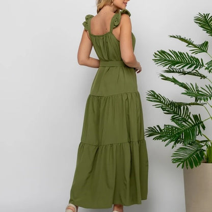 Vestido Longo Rodado Alça de Babados Faixa com Laço Verde Musgo