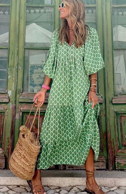 Vestido Longo Estampado Boho de Manga Ampla Verde geométrico leve