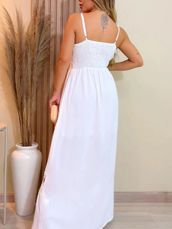 Vestido Longo com Renda Acinturado com Bojo Bainha com Babado e Franzido Branco