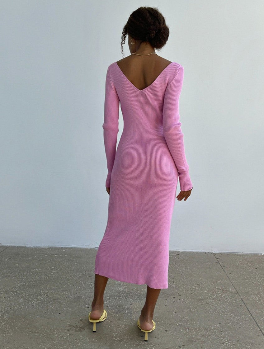 Vestido Tubinho Tricot Decote V Midi Inverno rosa decote nas costas