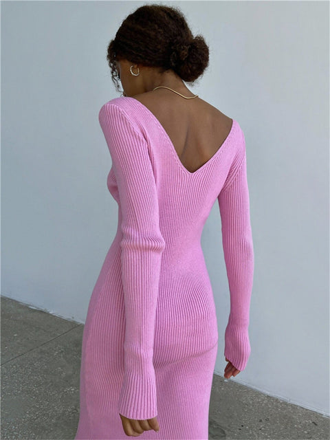 Vestido Tubinho Tricot Decote V Midi Inverno rosa