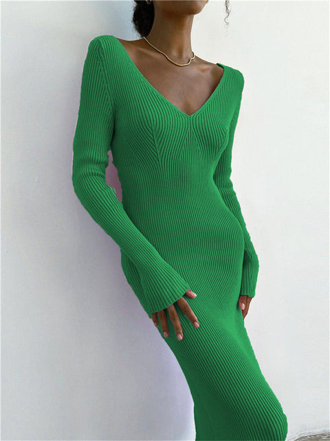 Vestido Tubinho Tricot Decote V Midi Inverno verde