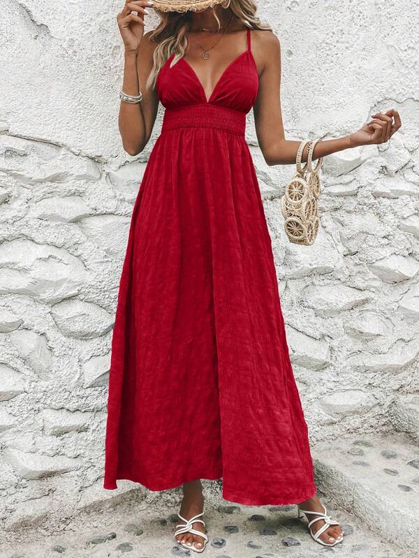 Vestido Longo Acinturado Decote V Costas Nuas Acinha em X Tecido com Textura Verão Casual Natal Vermelho