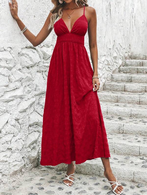Vestido Longo Acinturado Decote V Costas Nuas Acinha em X Tecido com Textura Verão Casual Natal Vermelho