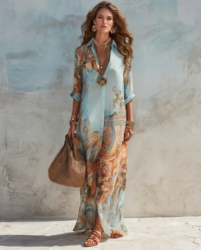 Vestido Longo Boho Chic Chemise Estampa Retrô