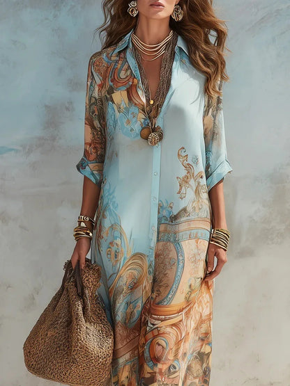 Vestido Longo Boho Chic Chemise Estampa Retrô