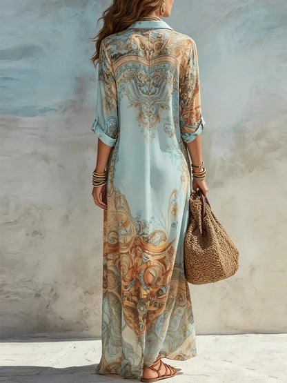 Vestido Longo Boho Chic Chemise Estampa Retrô