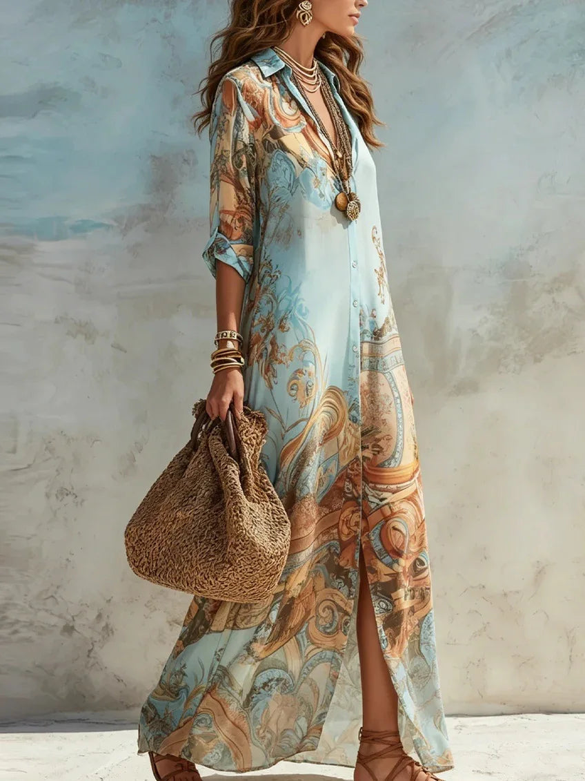 Vestido Longo Boho Chic Chemise Estampa Retrô