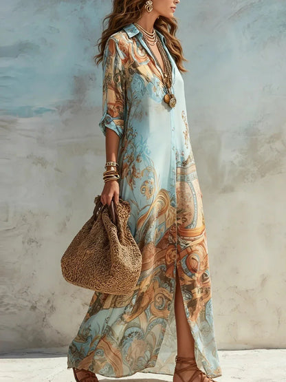 Vestido Longo Boho Chic Chemise Estampa Retrô