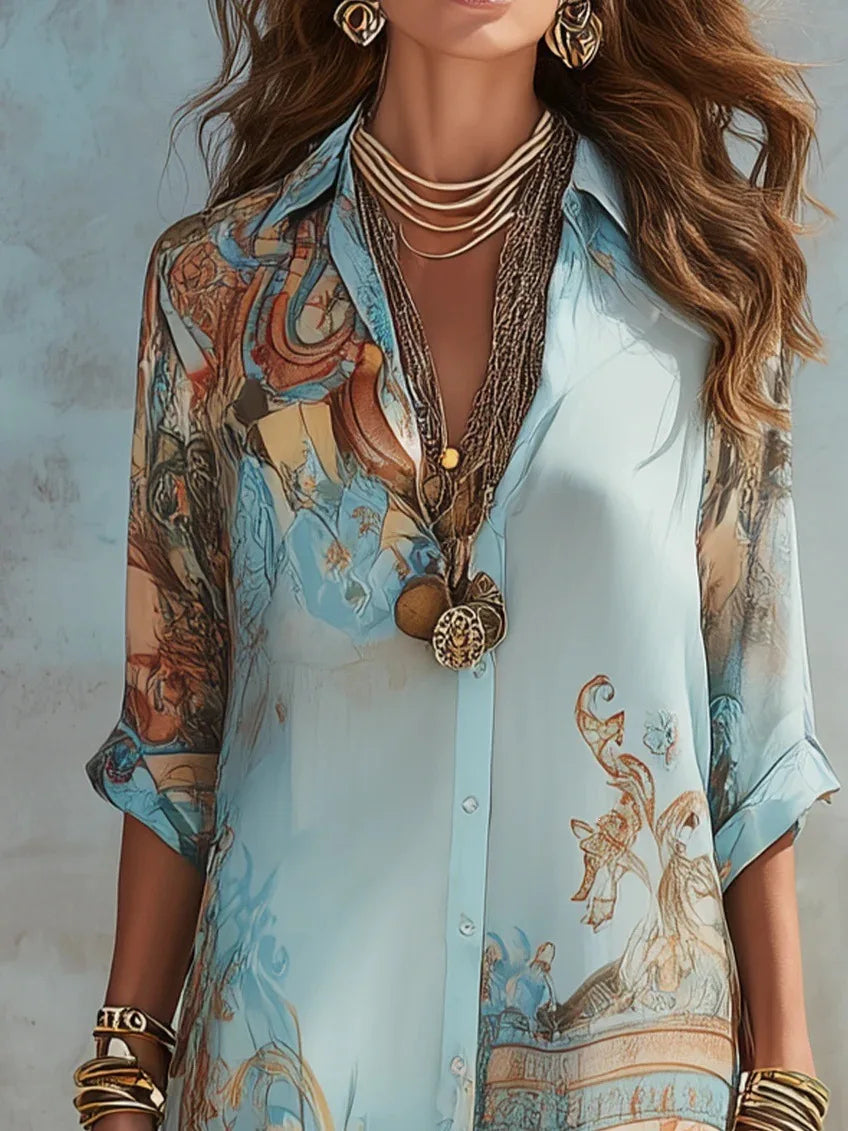Vestido Longo Boho Chic Chemise Estampa Retrô
