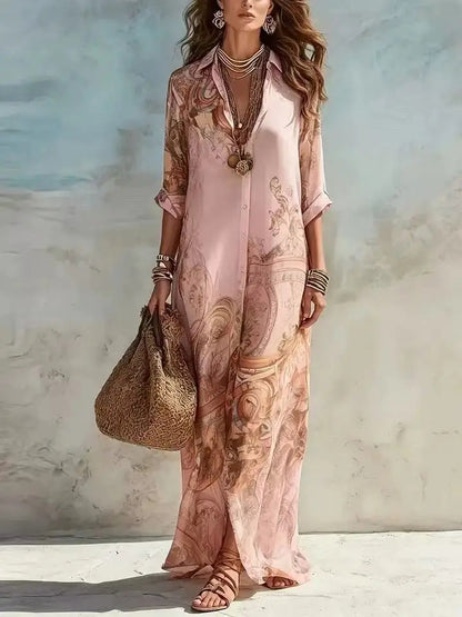 Vestido Longo Boho Chic Chemise Estampa Retrô