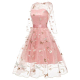Vestido de Festa Bordado Pin Up Manga Transparente rosa vintage retrô