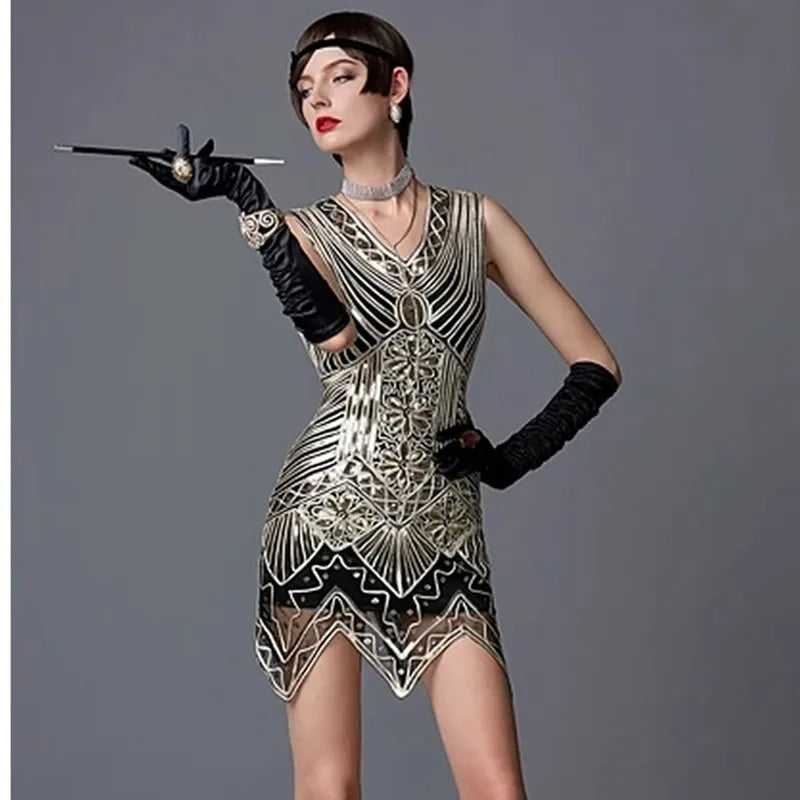 Vestido de Festa Vintage Gatsby Paetês anos 1920 brilhoso dourado com preto
