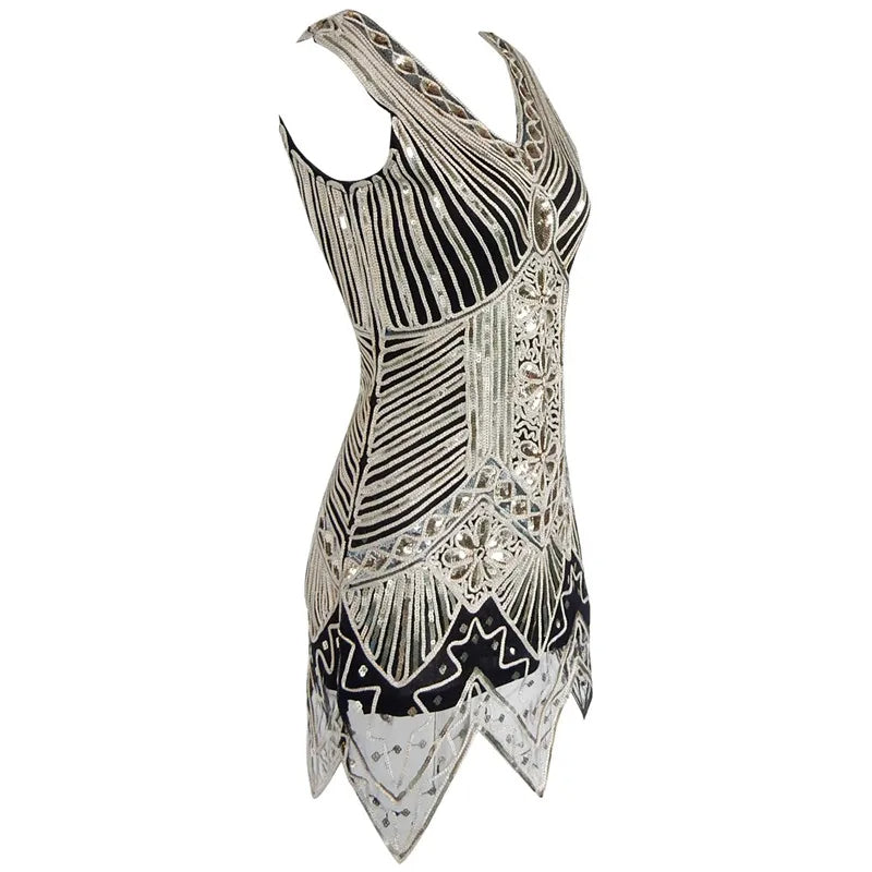 Vestido de Festa Vintage Gatsby Paetês anos 1920 brilhoso dourado com preto