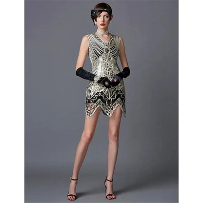 Vestido de Festa Vintage Gatsby Paetês anos 1920 brilhoso dourado com preto