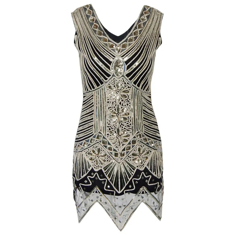 Vestido de Festa Vintage Gatsby Paetês anos 1920 brilhoso dourado com preto